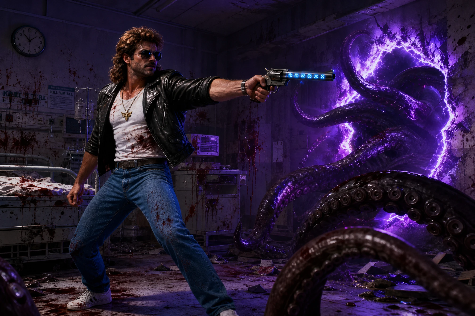 Retro detective fighting tentacles in bloody hospital room
