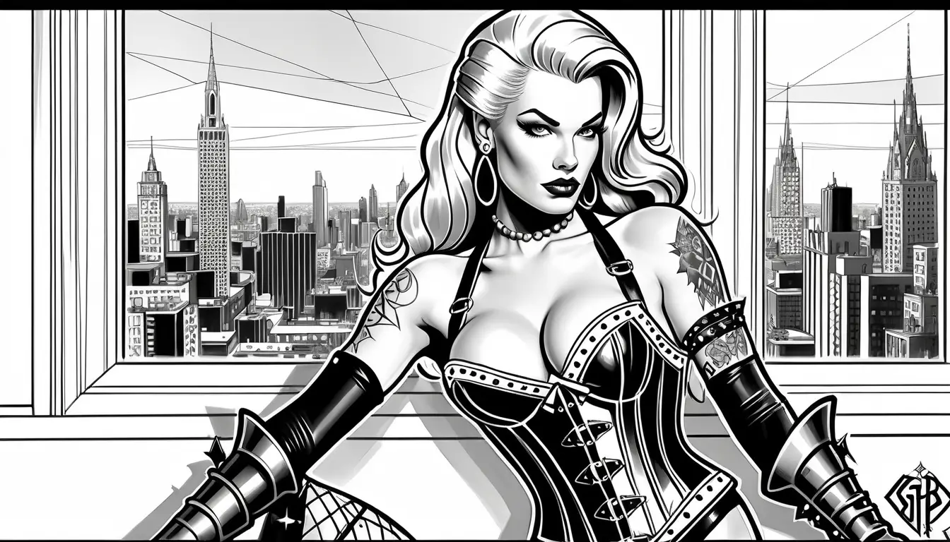 Platinum blonde tattooed pinup artist in loft studio
