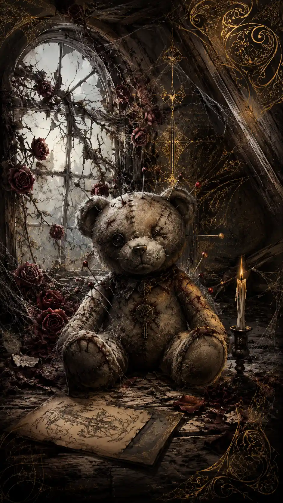 Orsetto di peluche in stile voodoo sul pavimento di una vecchia soffitta inquietante