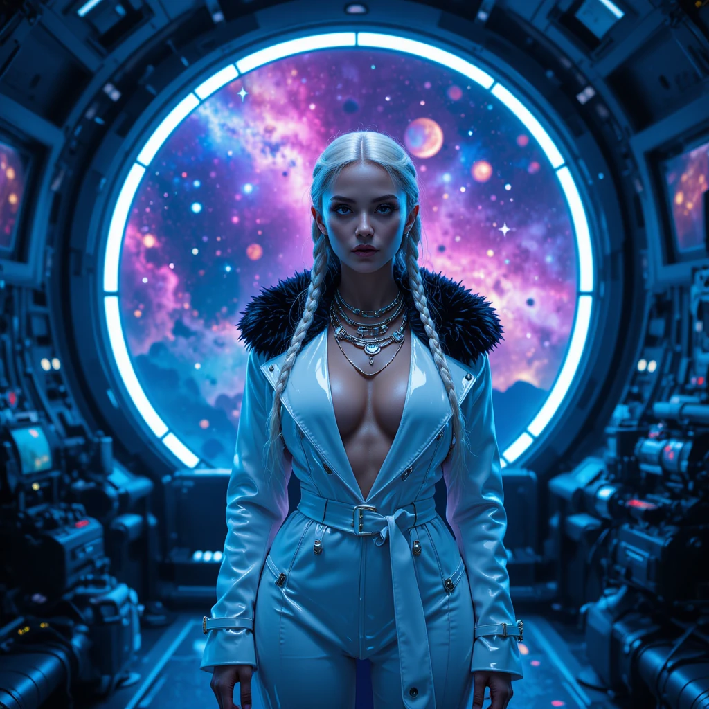 Mujer de moda cyberpunk en estudio espacial futurista