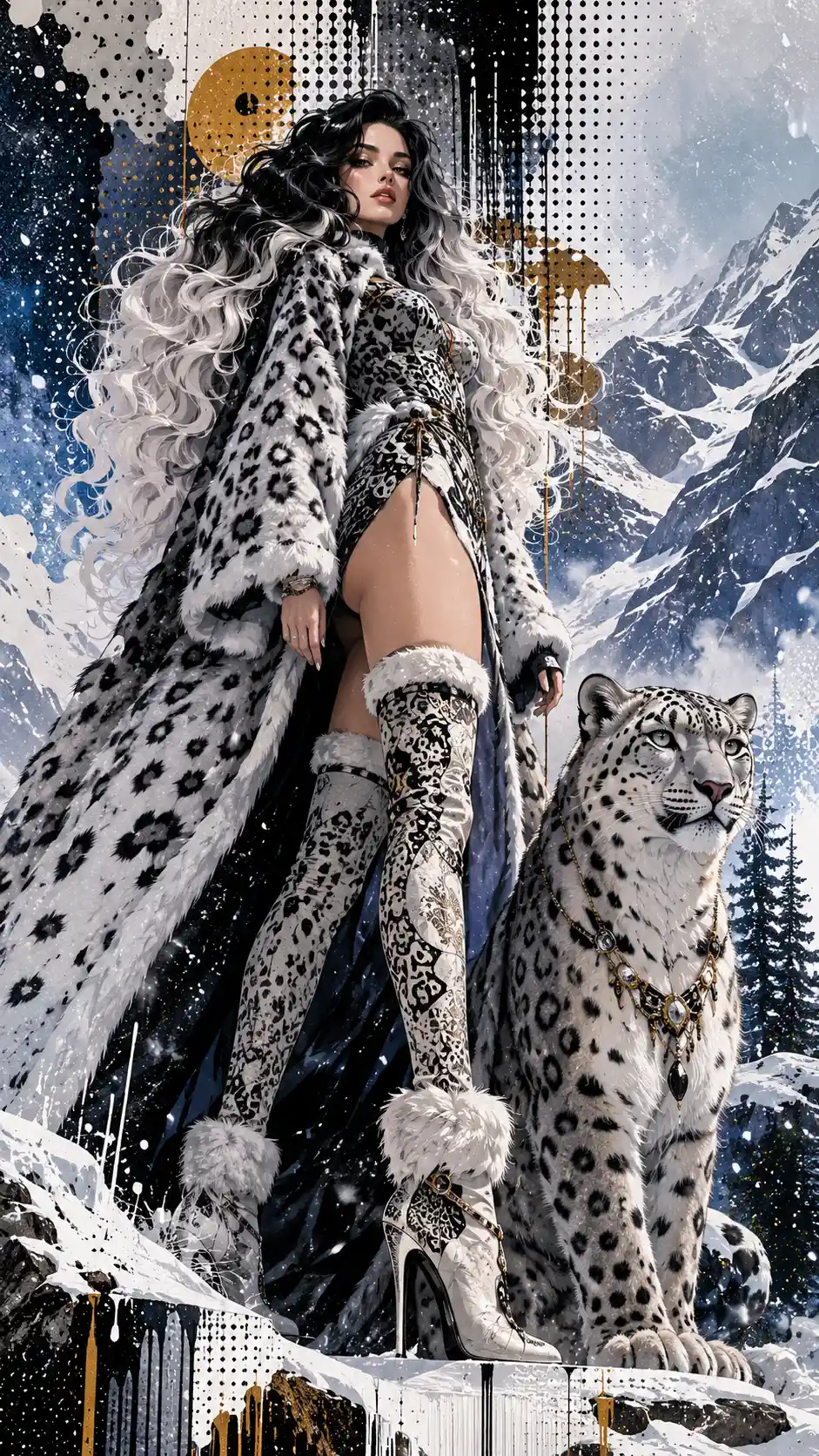 雪豹風格時尚女性於冬季雪景中