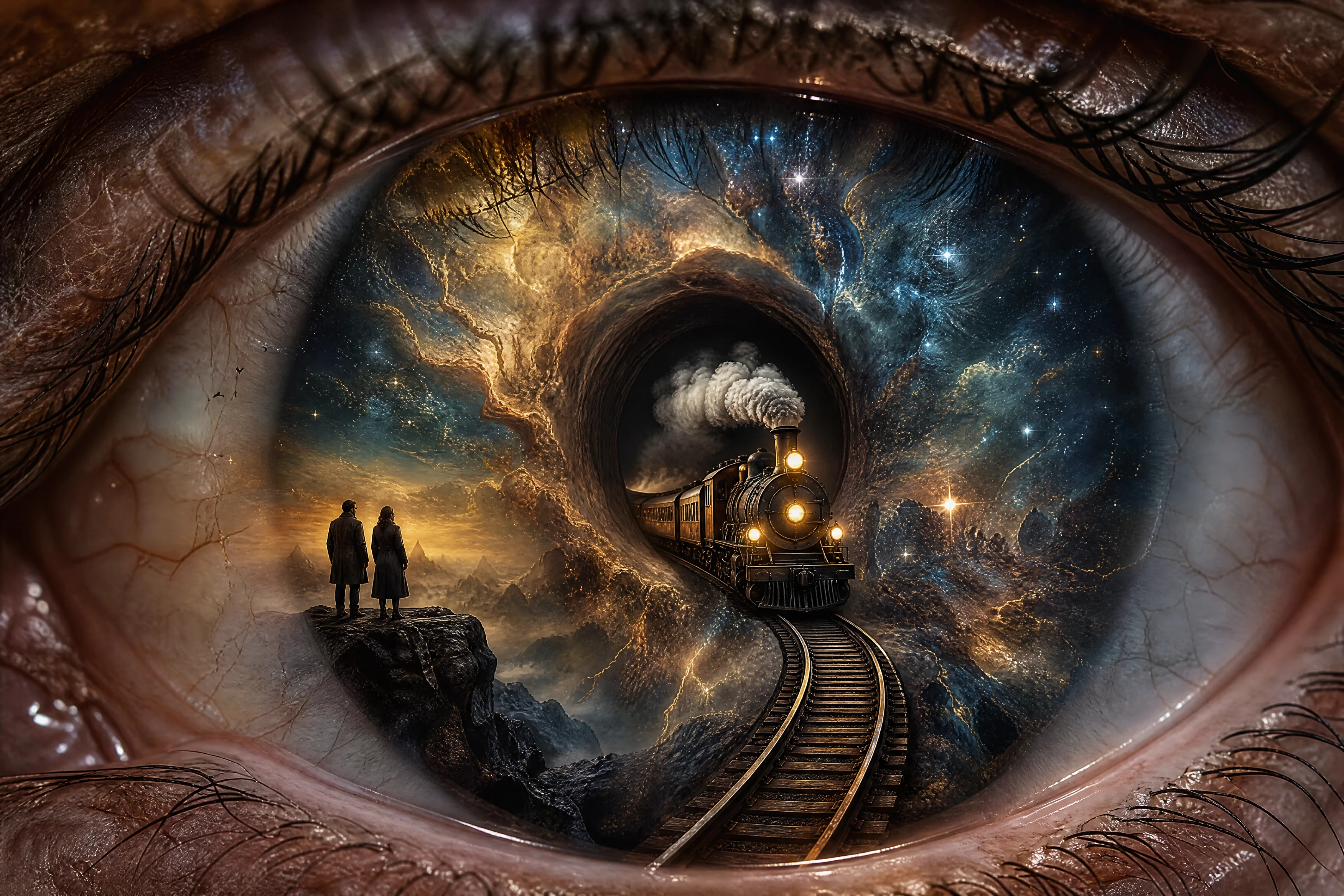 Primer plano surrealista de un ojo con un tren saliendo de la pupila