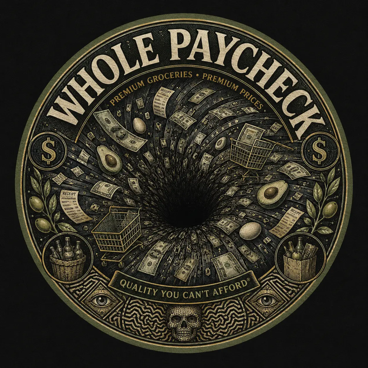 Satirical Whole Paycheck Grocery Emblem Dissolving Into Black Hole