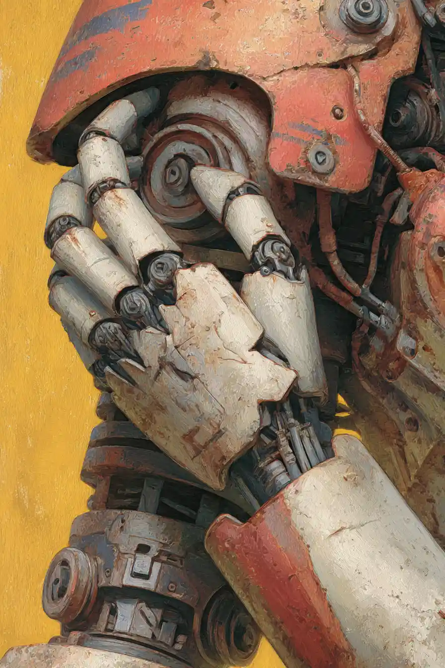 Close up of damaged robotic arm revealing fragile human limb