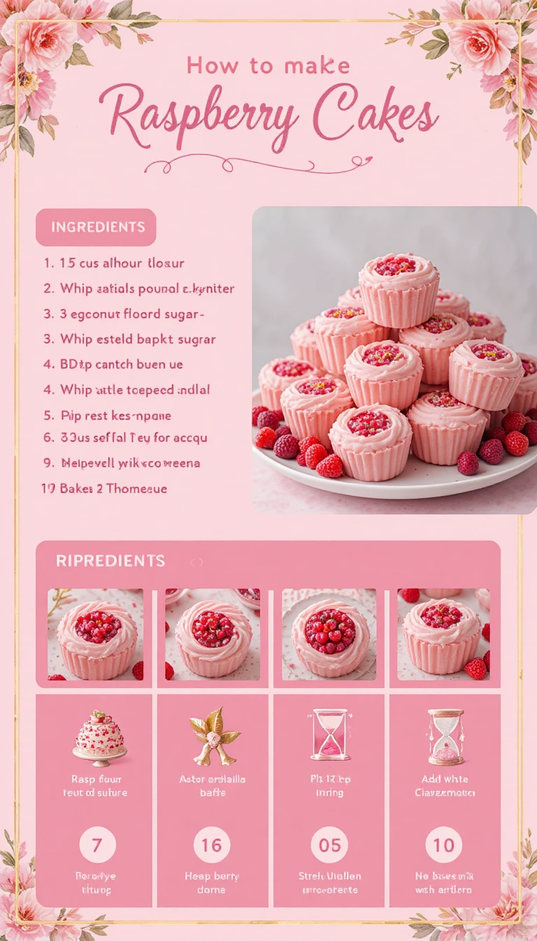 Infografía de receta de pasteles de frambuesa con fondo floral rosa