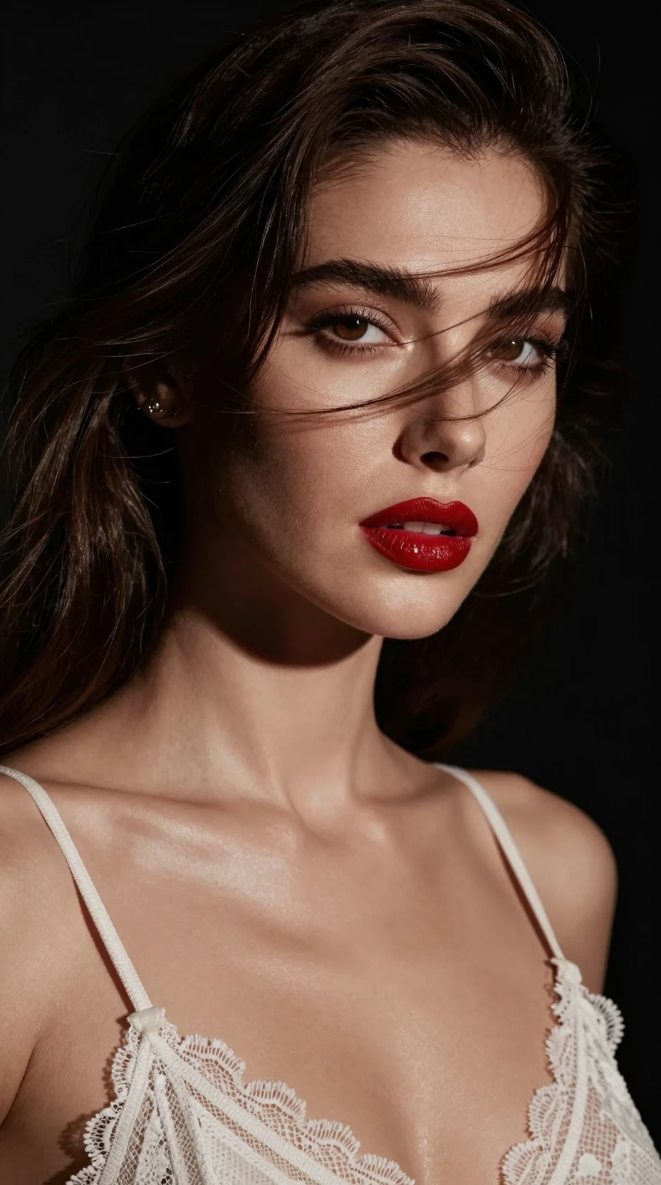 Retrato sensual en primer plano de mujer con el cabello al viento