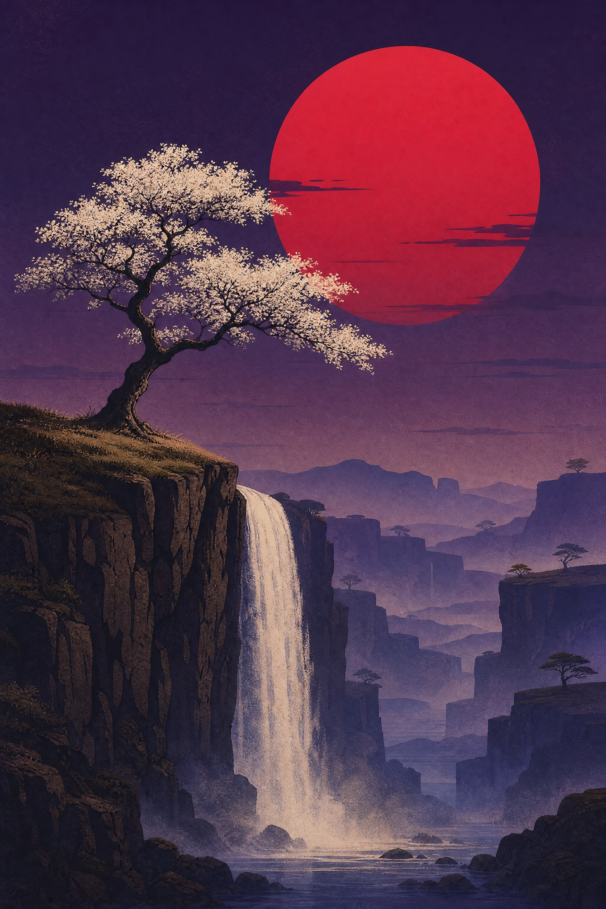 Árbol blanco en un acantilado junto a una cascada bajo un gigantesco sol rojo
