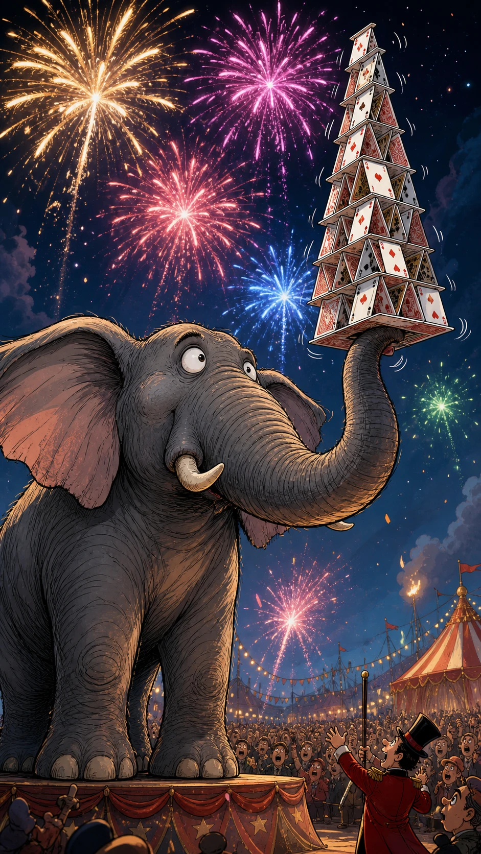 Elefante equilibrando una frágil torre de naipes entre fuegos artificiales