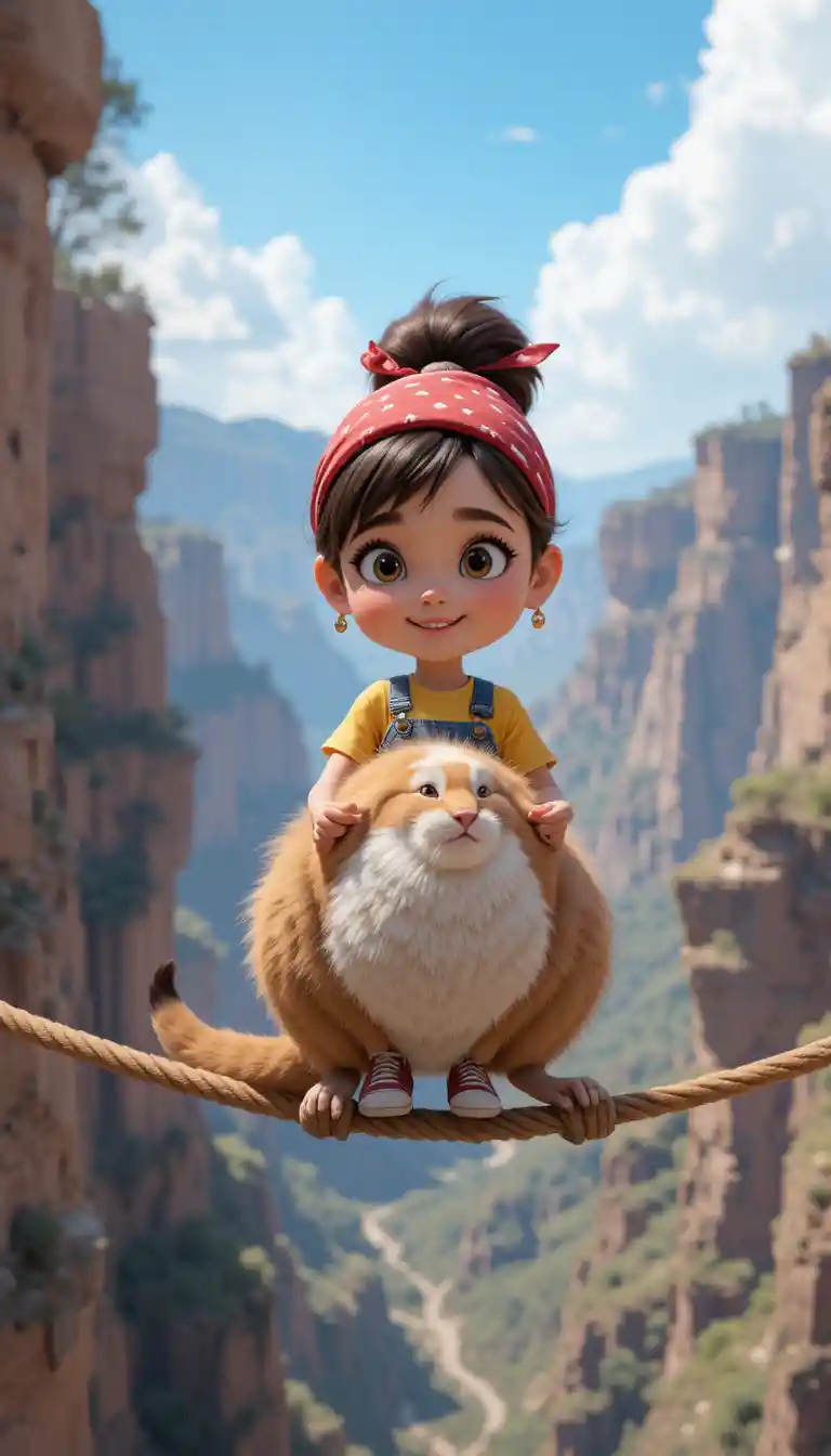 Niña pequeña equilibrándose en una cuerda con un enorme lince