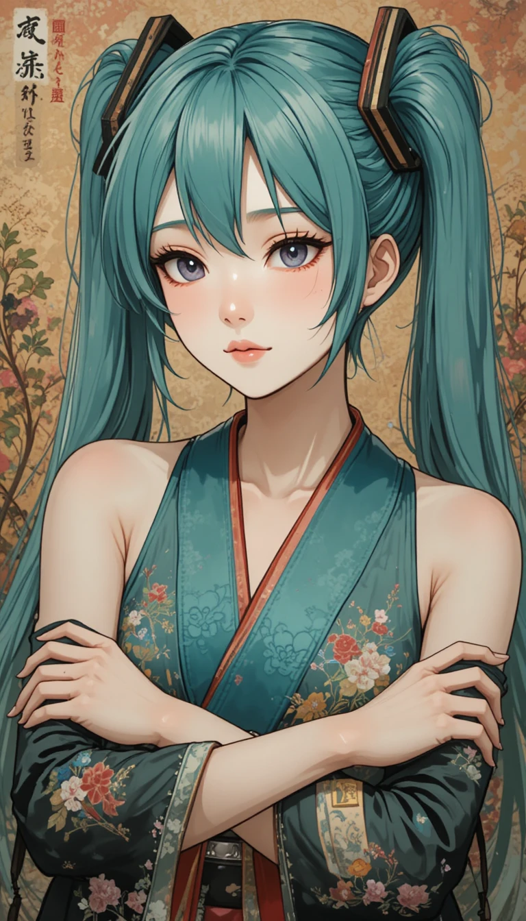 Retrato en estilo ukiyo-e de una chica de anime con los brazos cruzados
