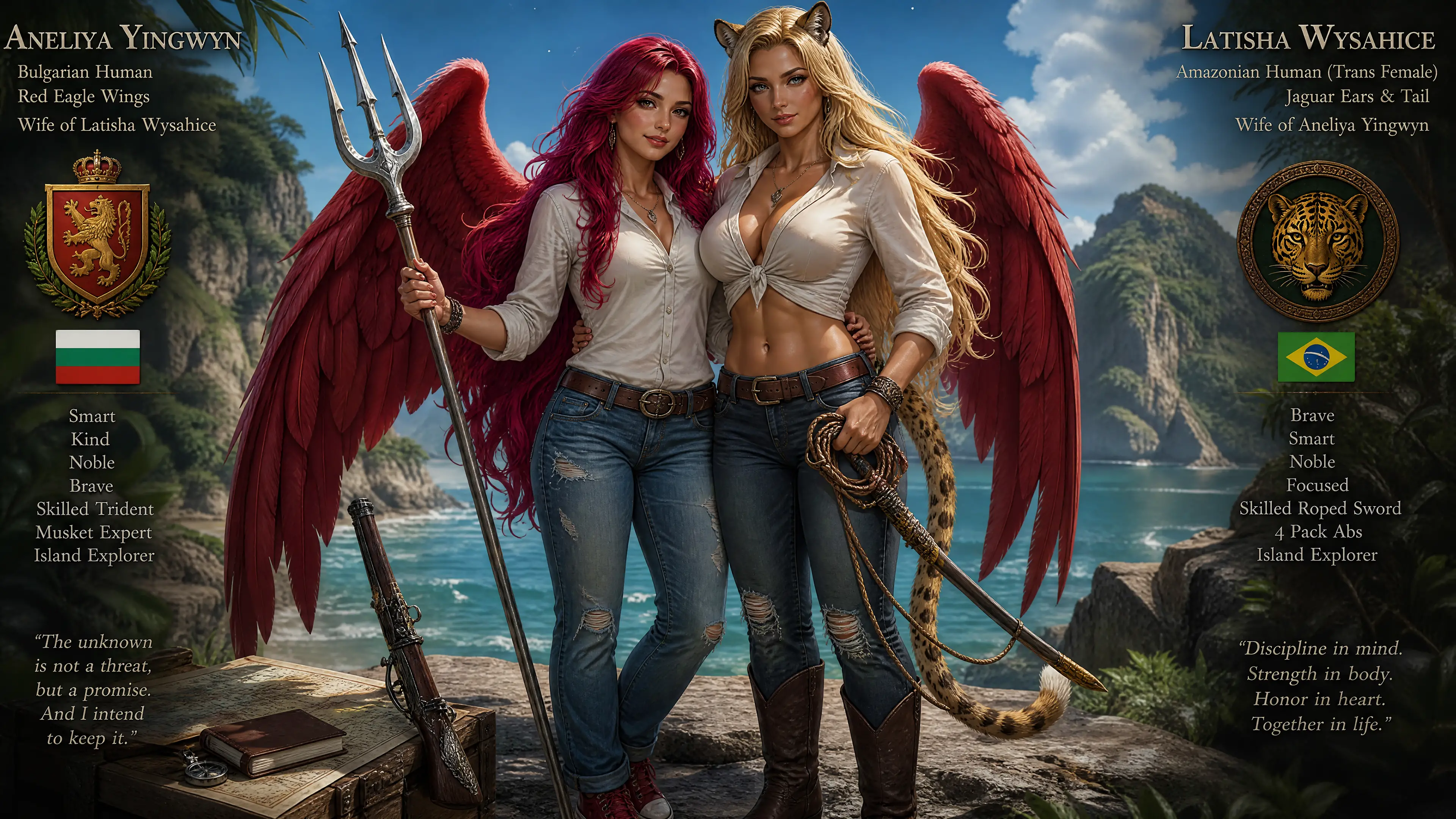Fantasy woman with red eagle wings on a remote island