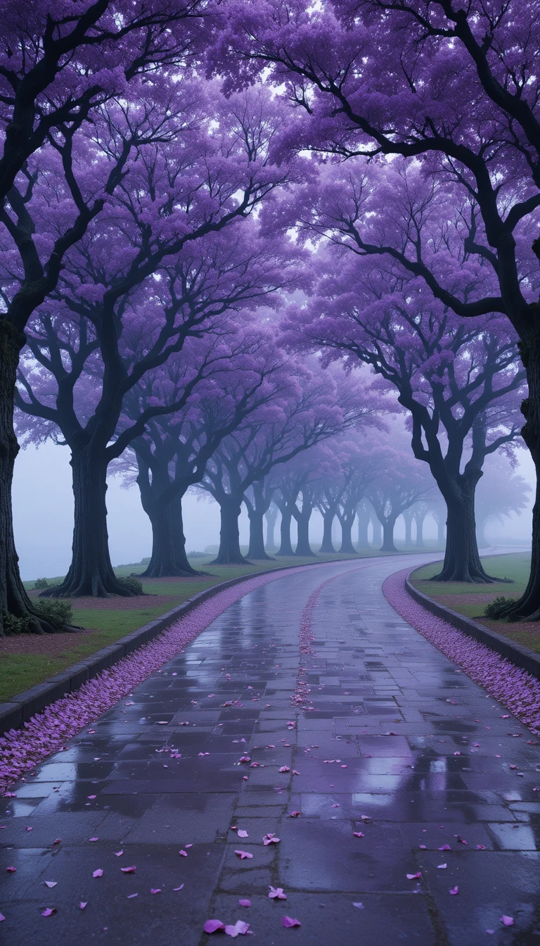 Carretera junto al lago entre la niebla bajo un dosel de árboles de flores púrpuras