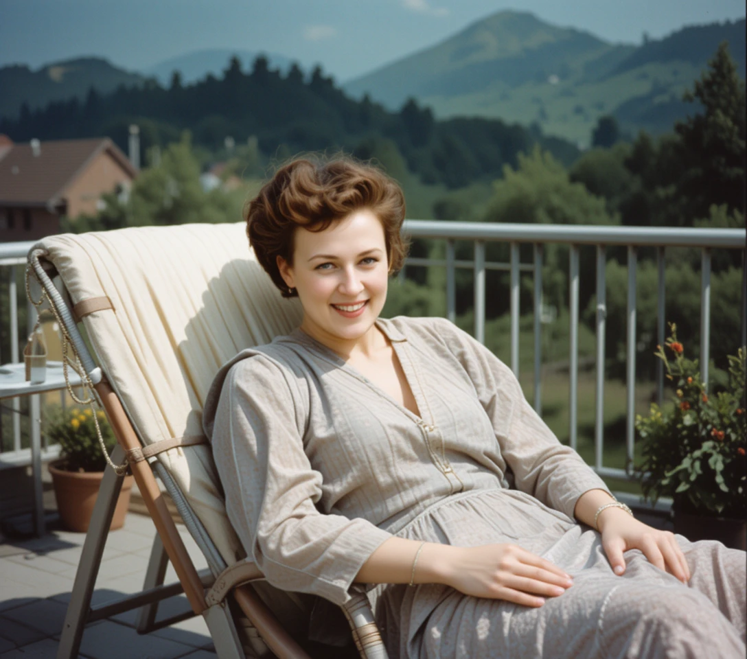 Mujer descansando en la terraza de un sanatorio a finales de los años 70
