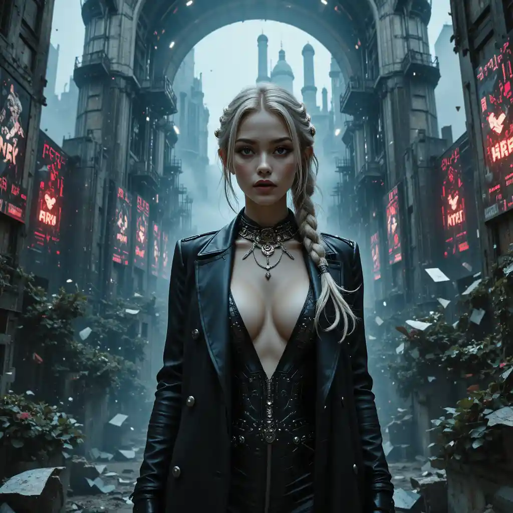 Heroína cyberpunk en ruinas de ciudad brutalista con glitches