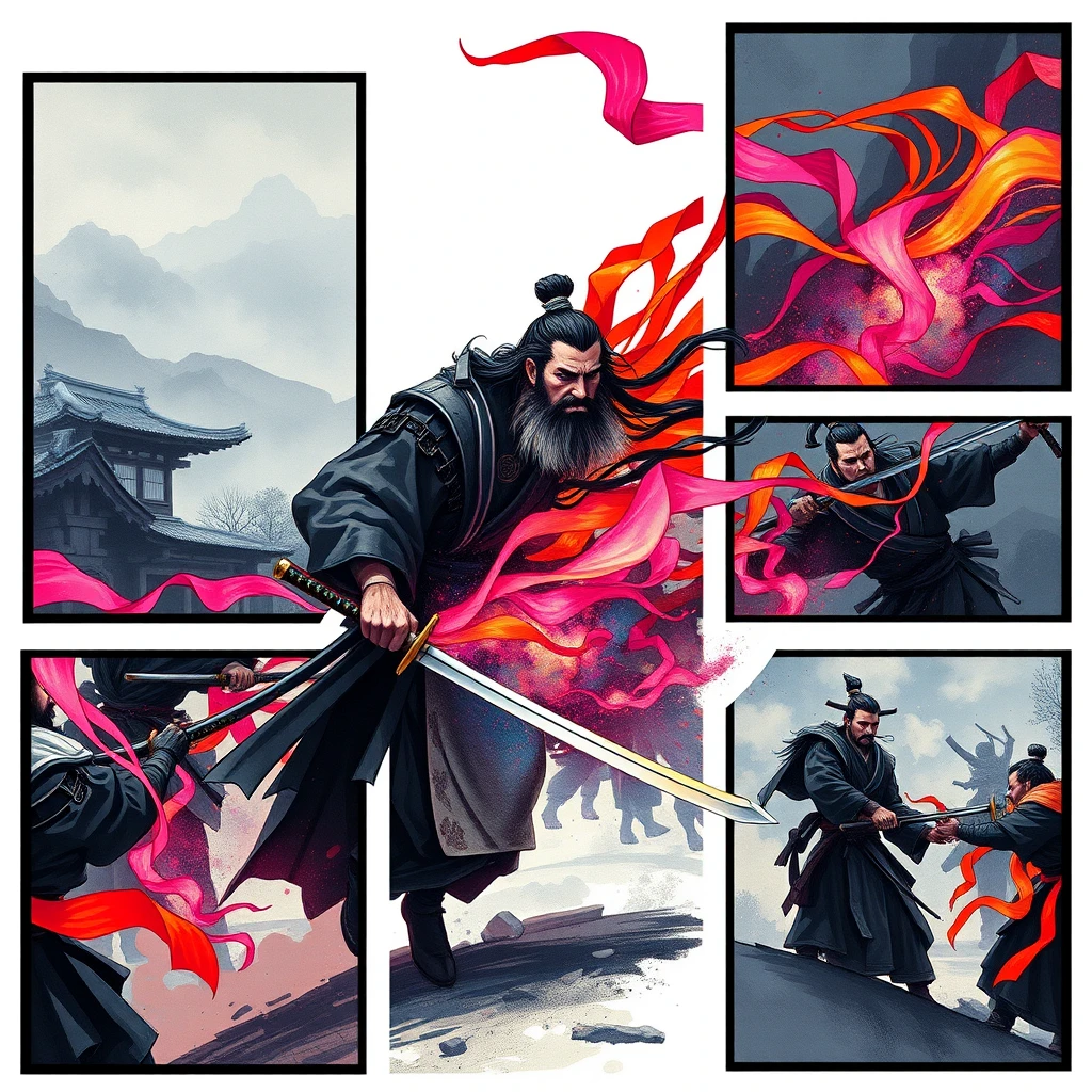 Guerrero ronin saliendo de un monasterio de montaña en primer plano