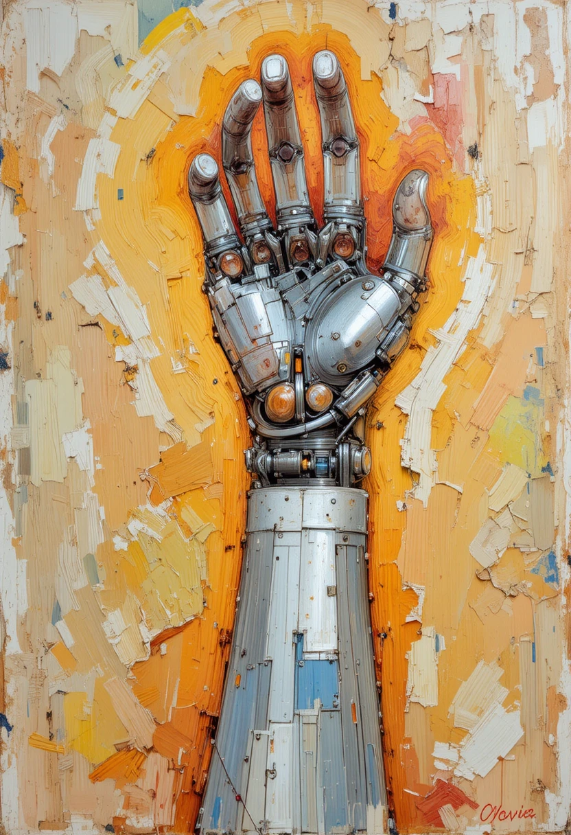 Disassembled robot forearm revealing pale human arm inside