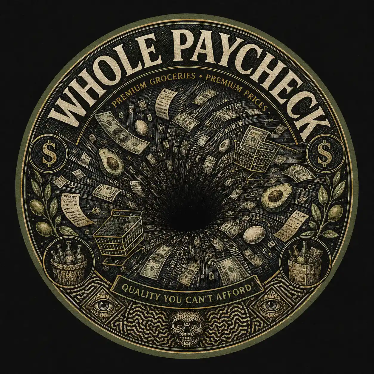 Satirical Whole Paycheck Grocery Emblem Dissolving Into Black Hole