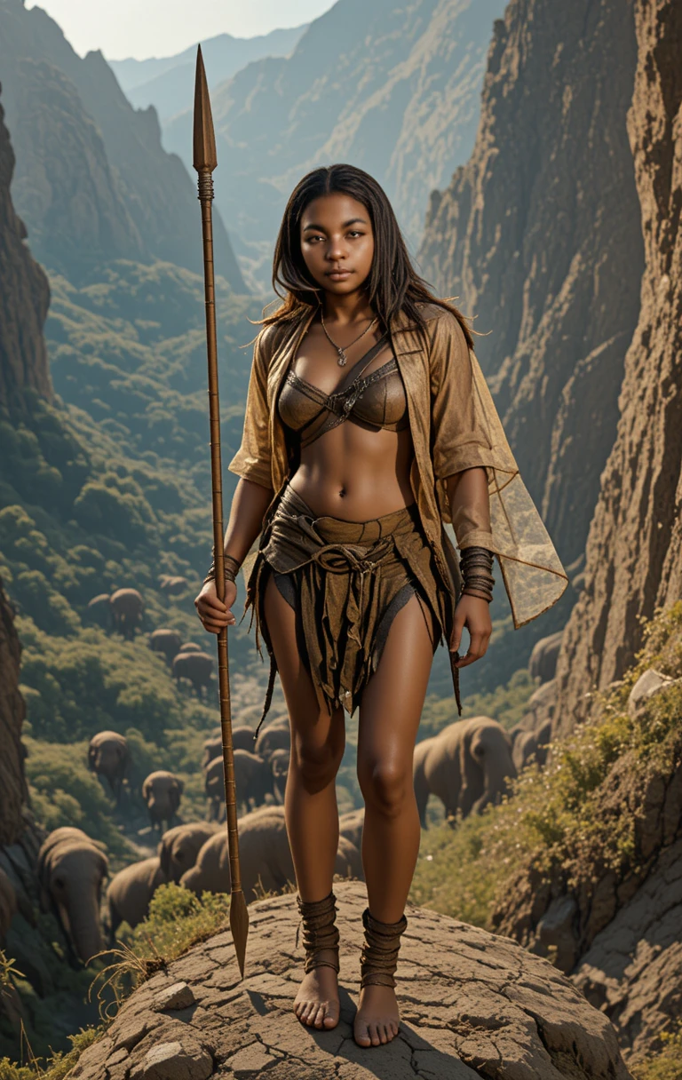 Prehistoric woman on cliff watching mammoths in valley