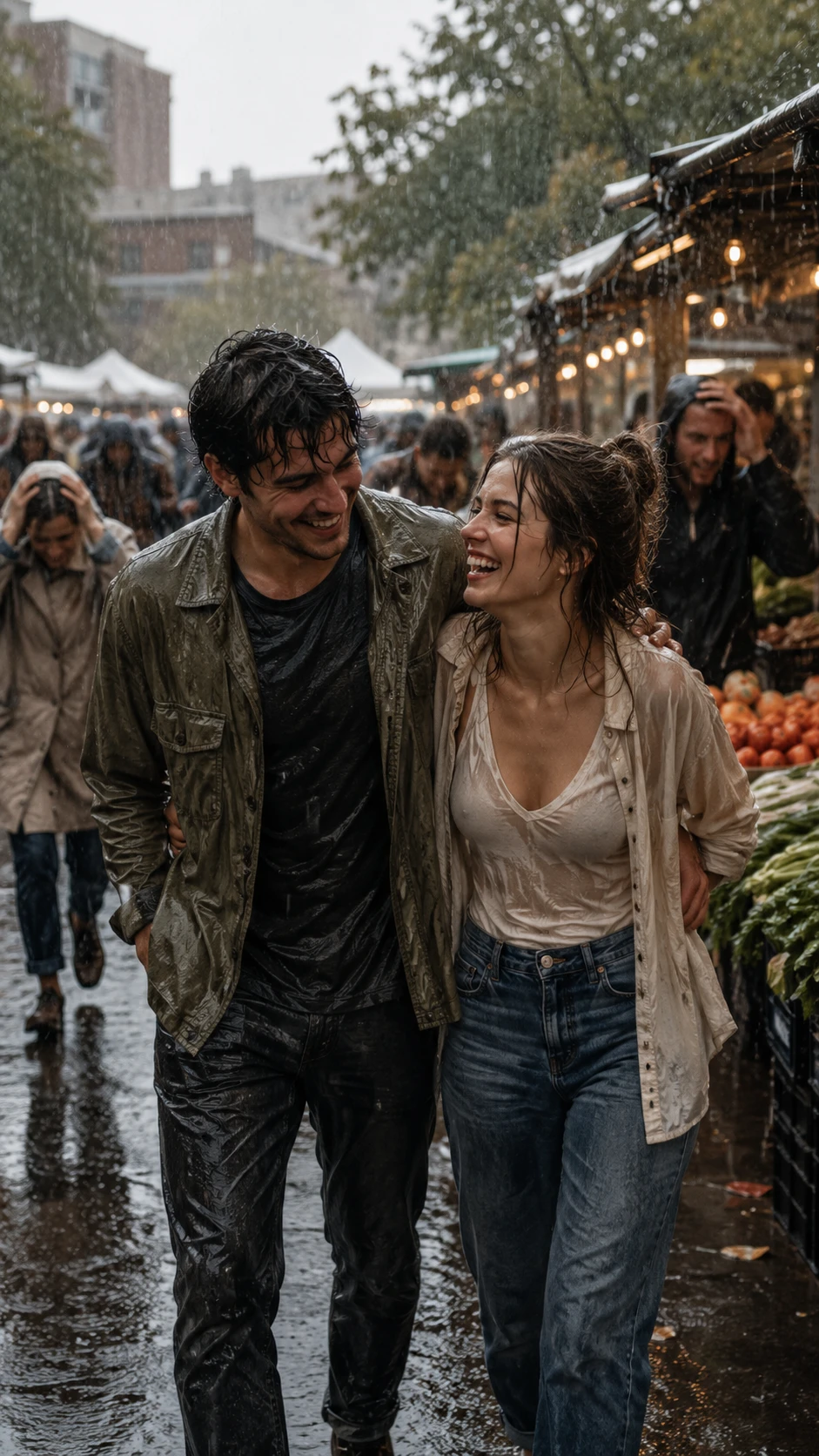 Pareja riendo y abrazándose bajo la lluvia en un mercado de agricultores