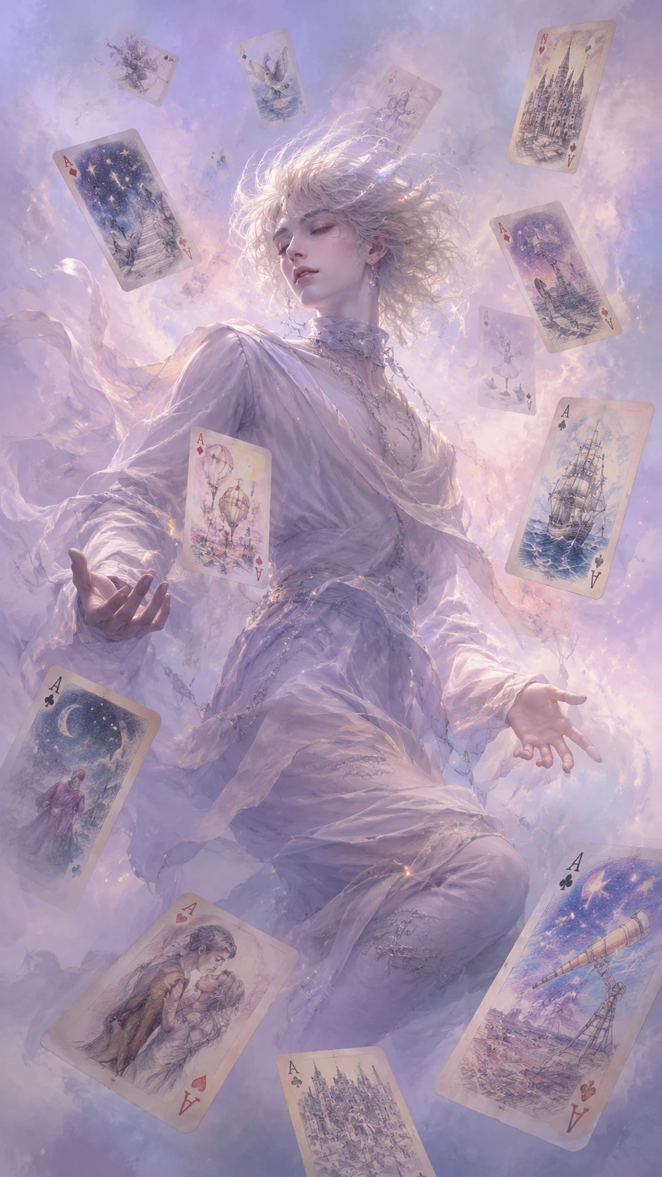 Figure androgyne éthérée avec cartes de rêve flottantes