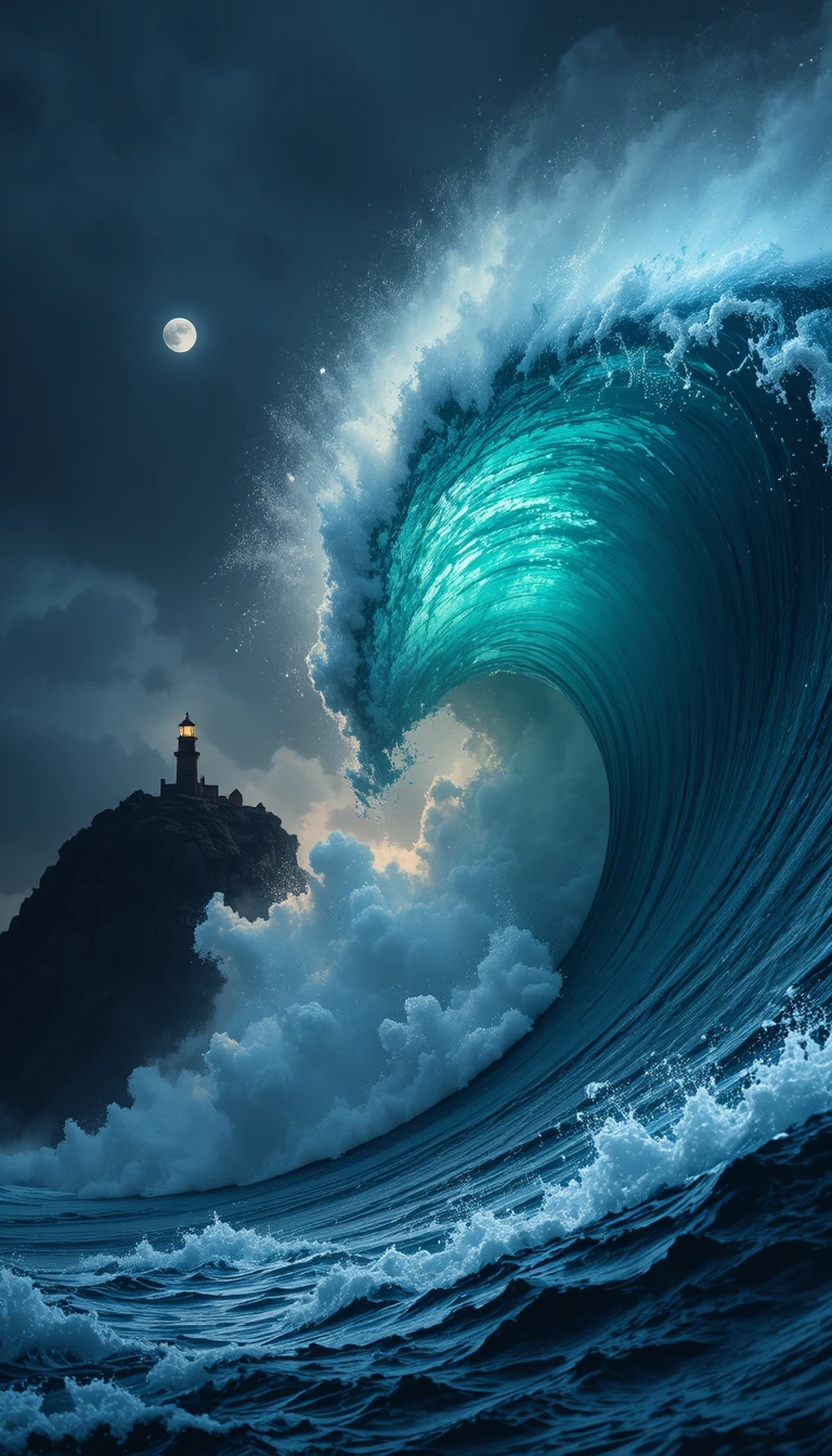 Towering ocean wave with lighthouse in stormy night sky