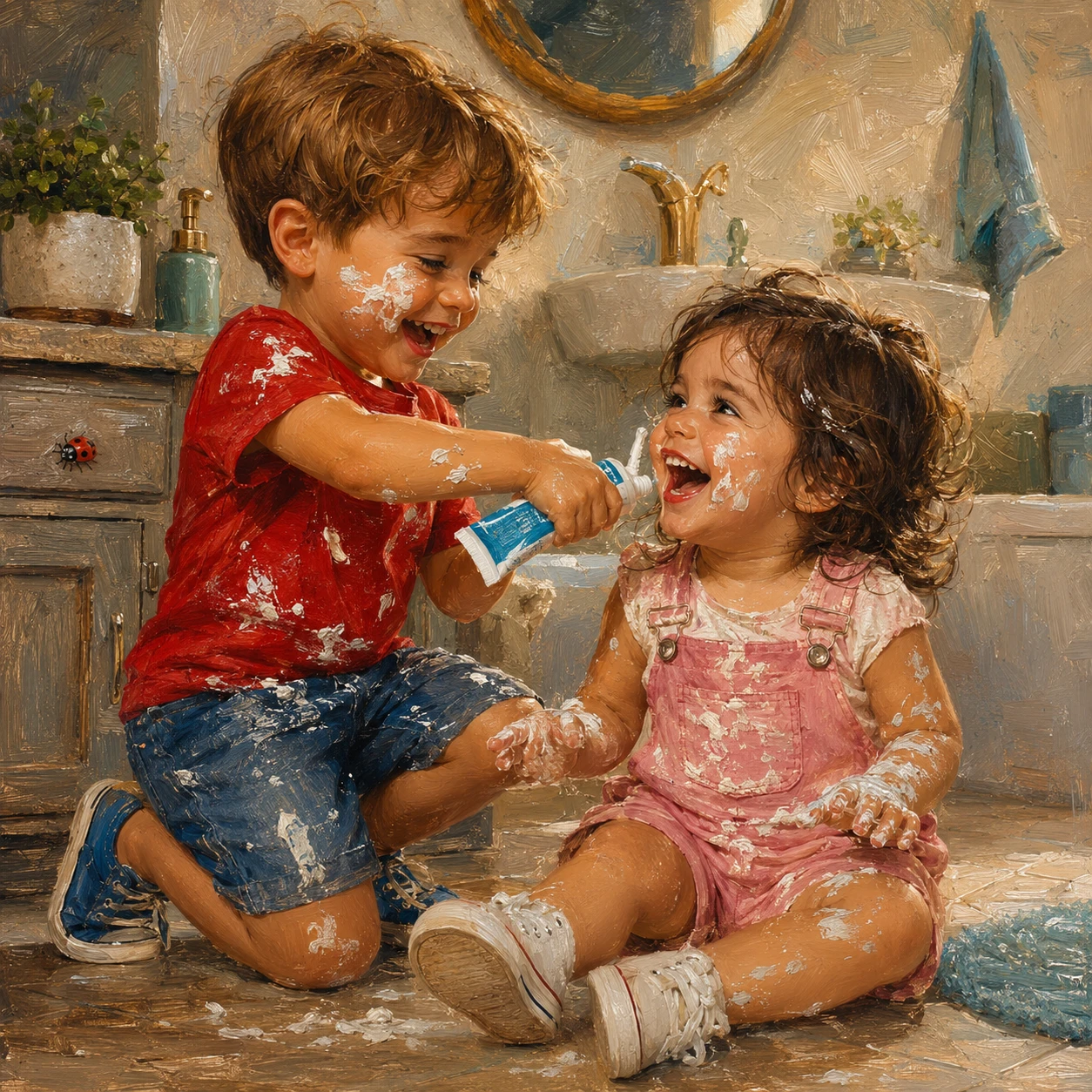 Hermanos riendo y jugando con pasta de dientes en un baño moderno