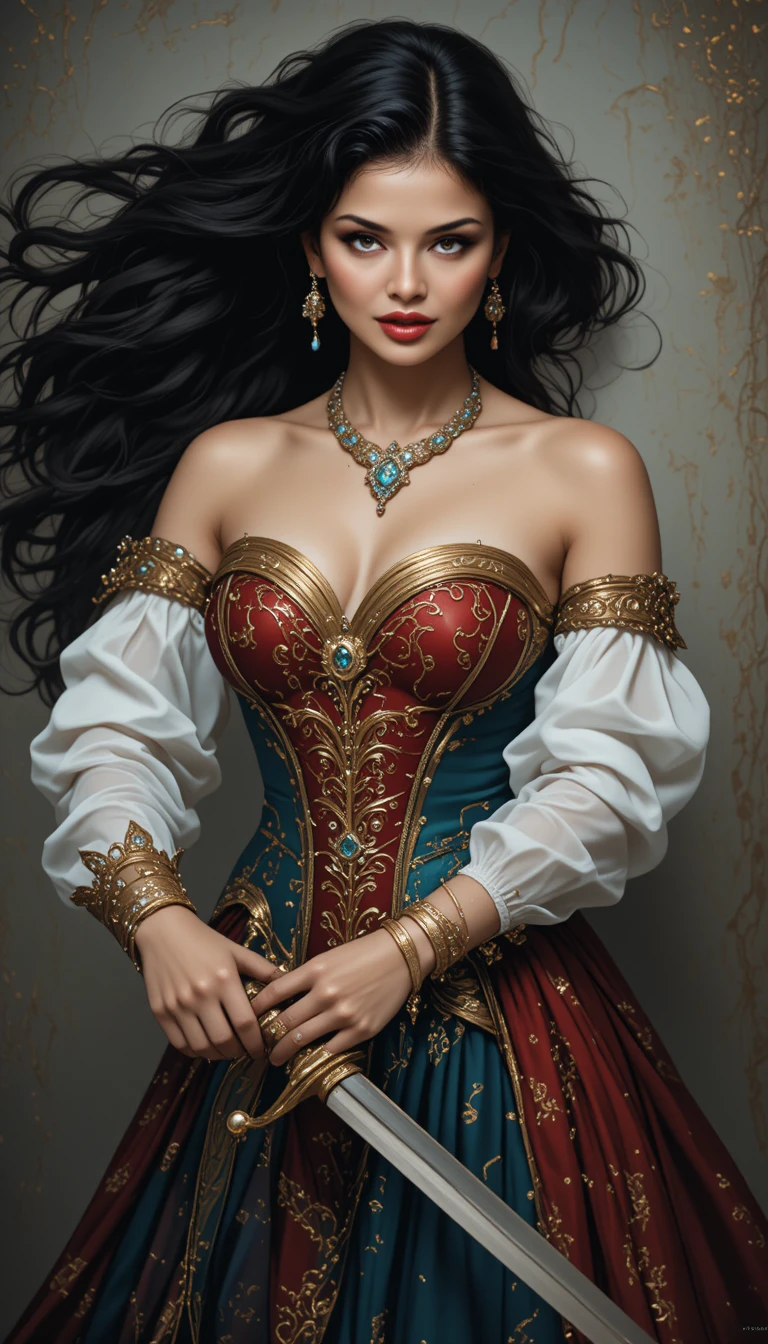 Heroína de fantasía con espada y vestido corsé ornamentado