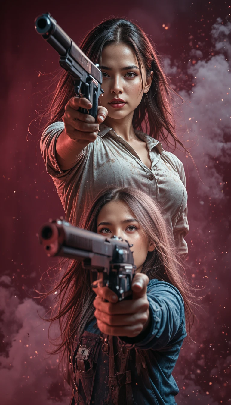 Dos heroínas de acción con pistolas en una pose cinematográfica dramática