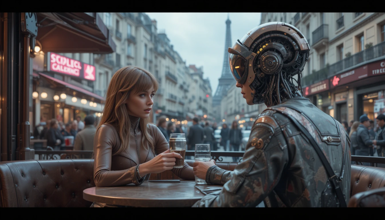 Mujer curvilínea compartiendo café con un alienígena con vista futurista de París