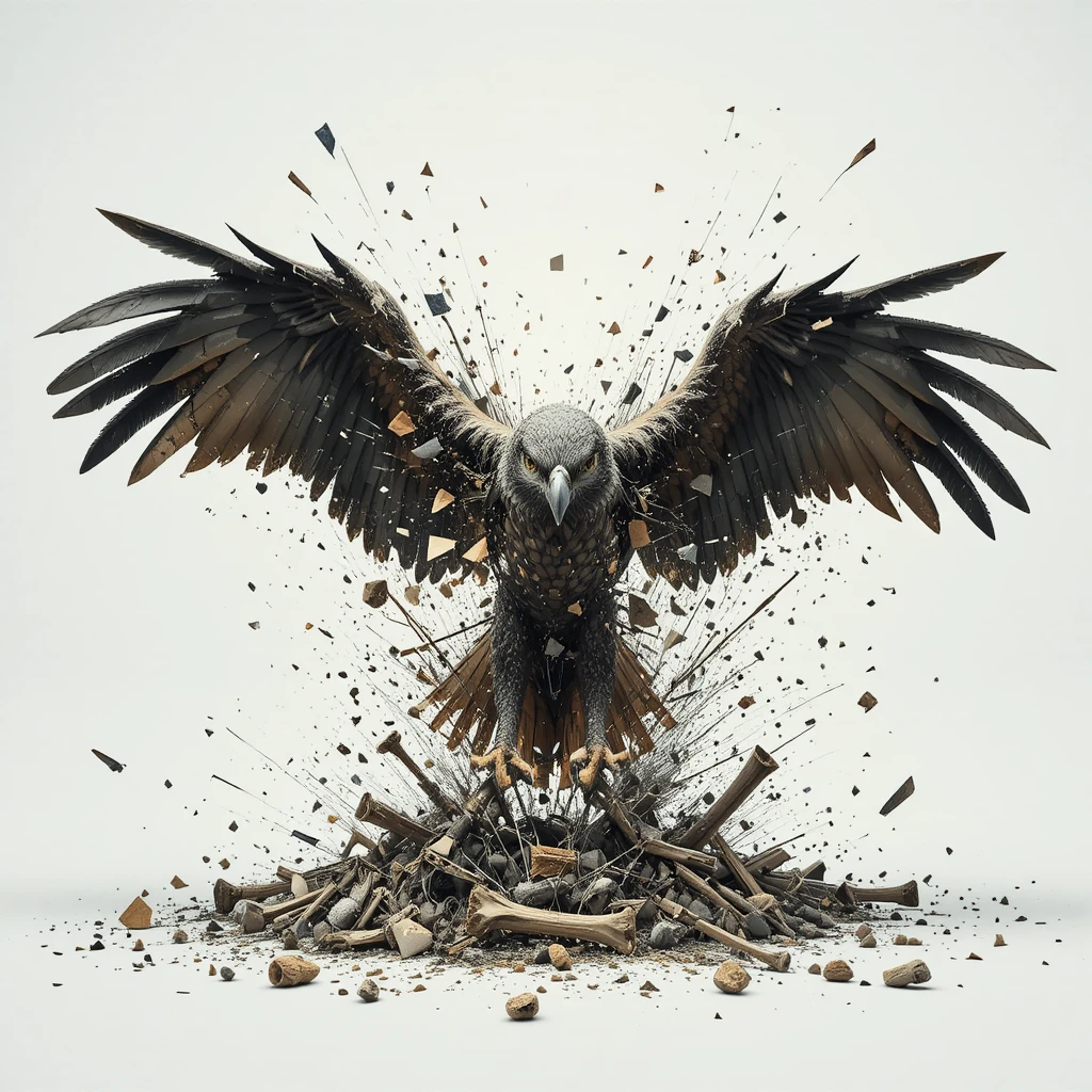 Águila harpía desintegrándose en huesos y píxeles digitales rotos