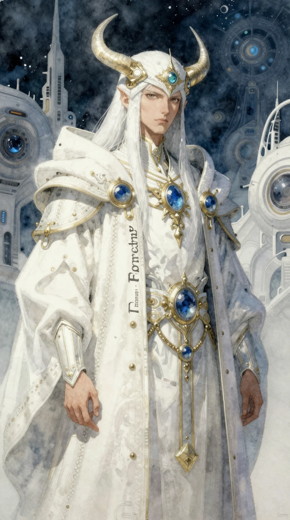 Mythic Thracian king Boreas in white royal robe close up