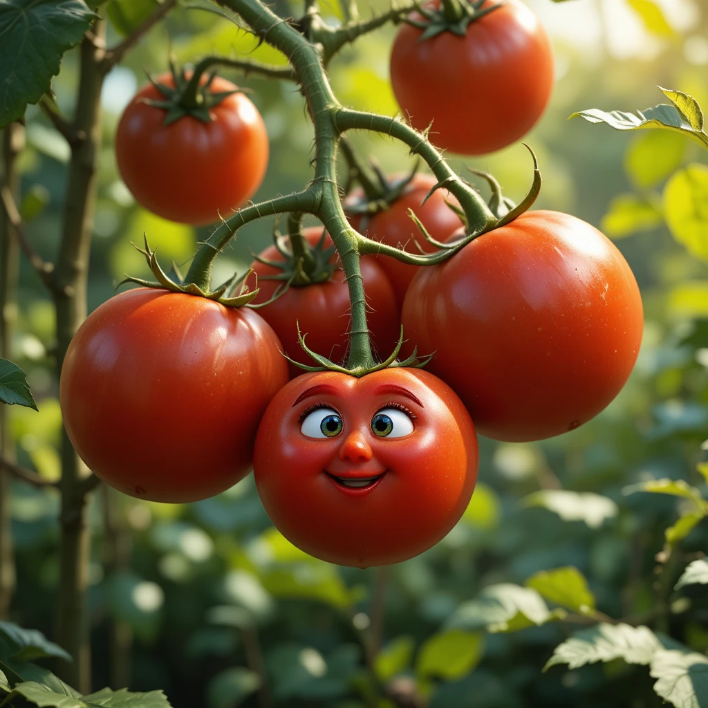 Small tomato beside proud ripe tomatoes in sunny garden