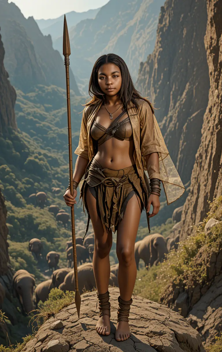 Prehistoric woman on cliff watching mammoths in valley