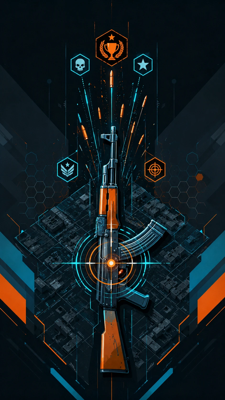 Geometric rifle silhouette on isometric tactical map grid