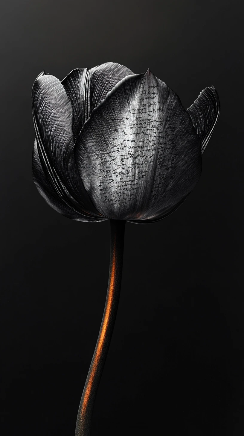 Tulipán negro emergiendo de la oscuridad con grabados botánicos