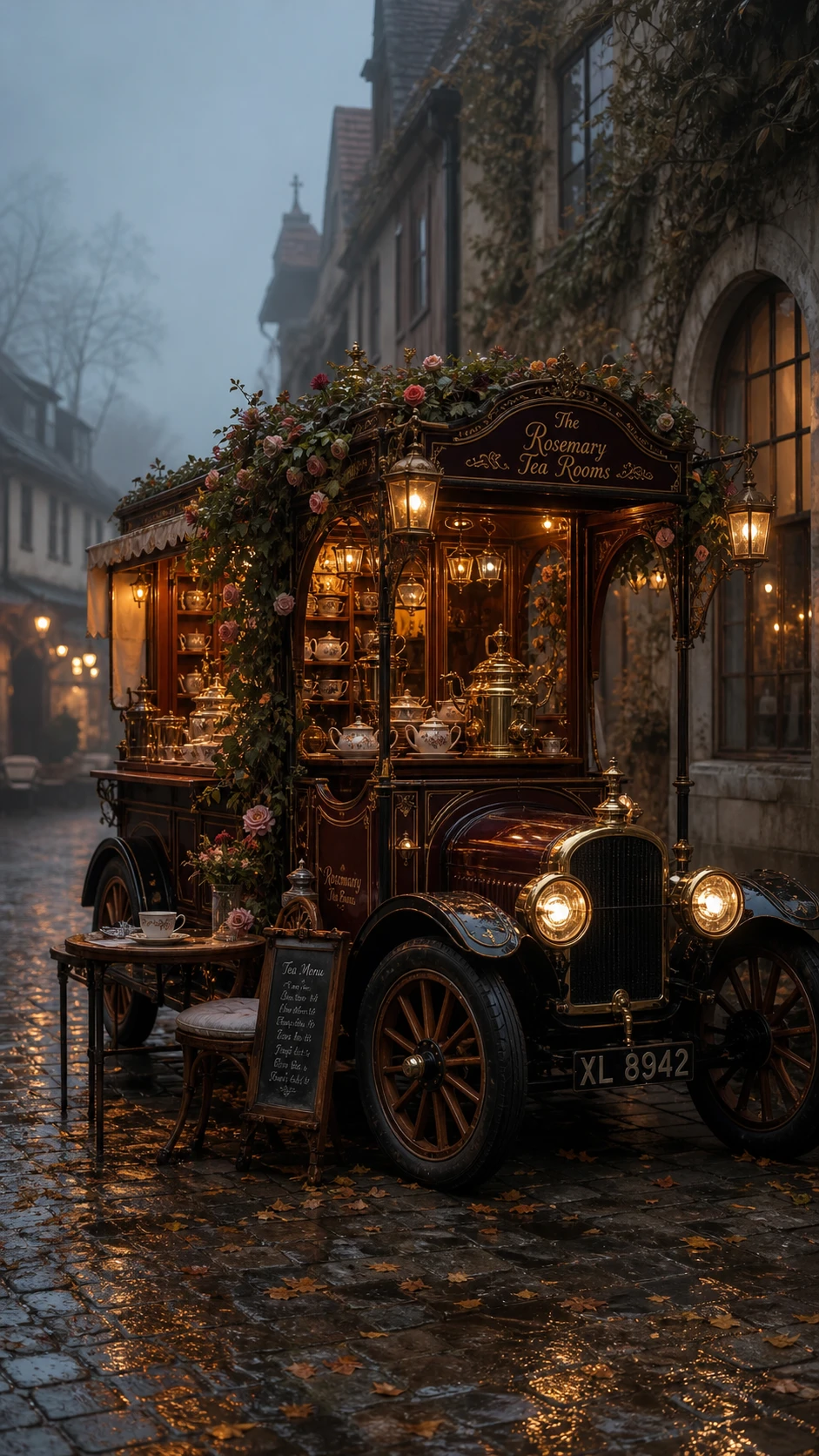 Edwardianisches Teemobil in einer regennassen Kopfsteinpflasterstraße