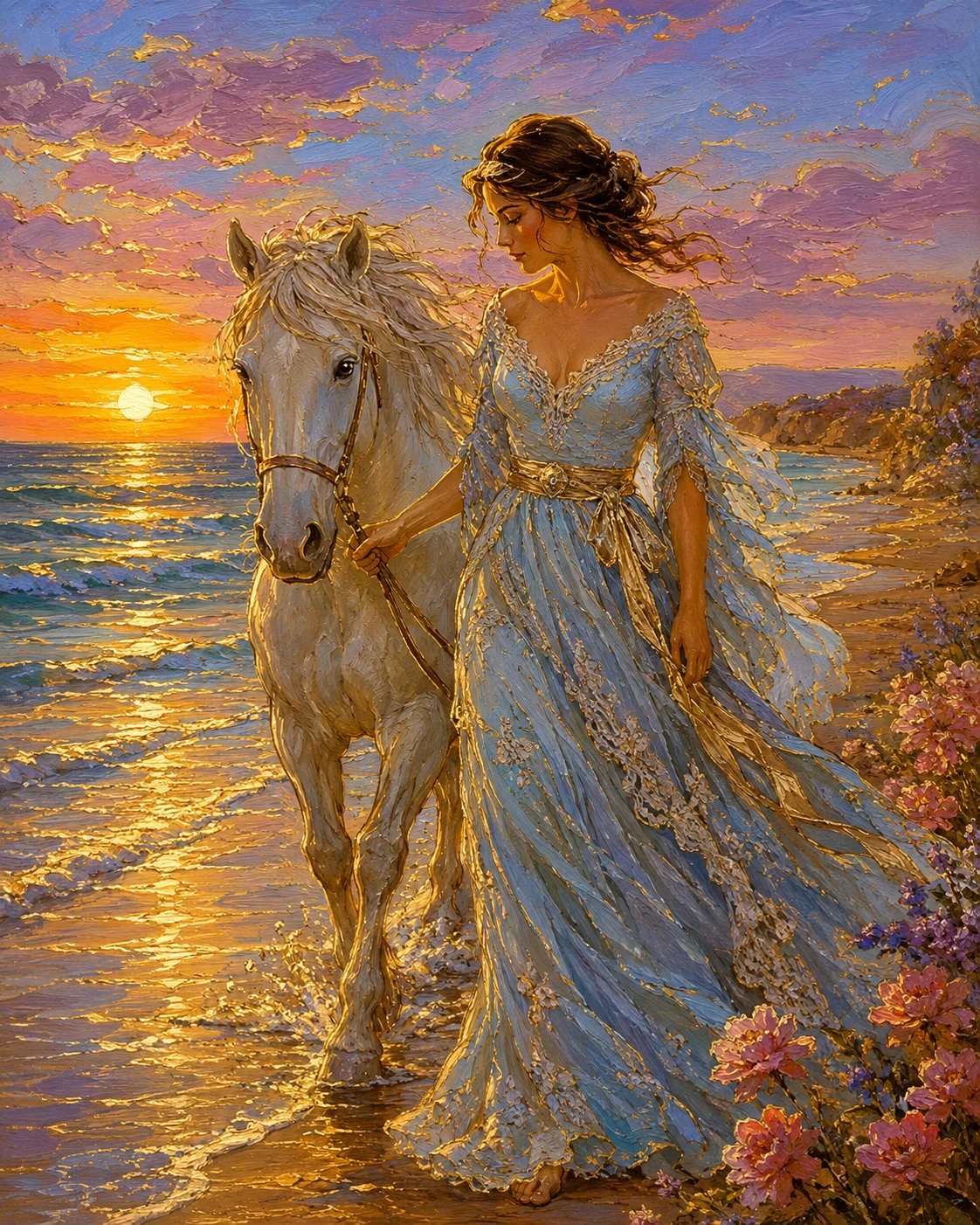 Mujer con vestido azul caminando con caballo blanco al atardecer