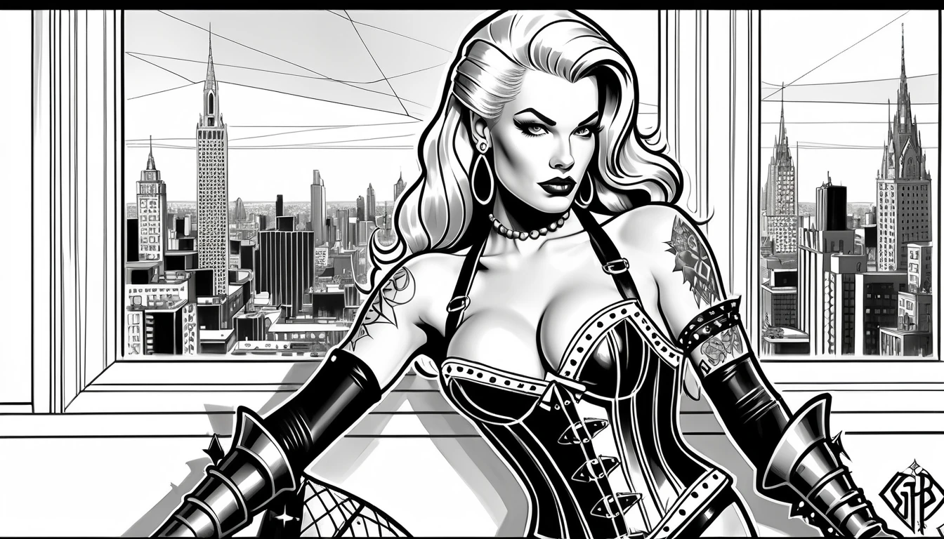 Platinum blonde tattooed pinup artist in loft studio