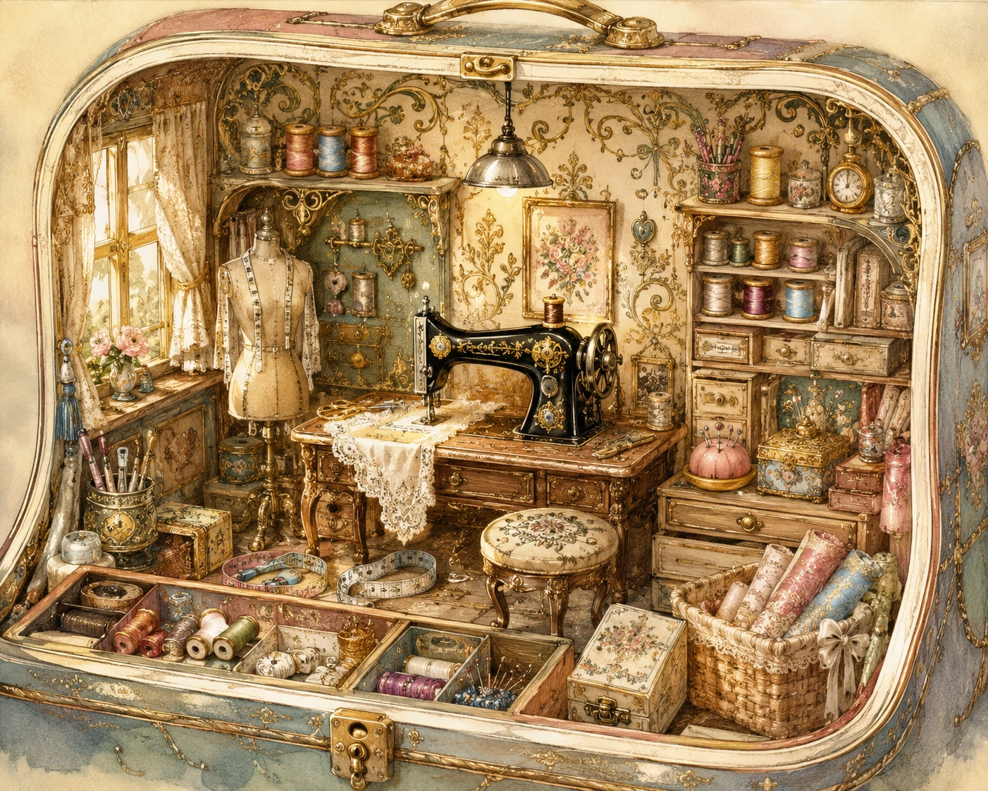Cozy sewing room inside a nostalgic sewing box close up