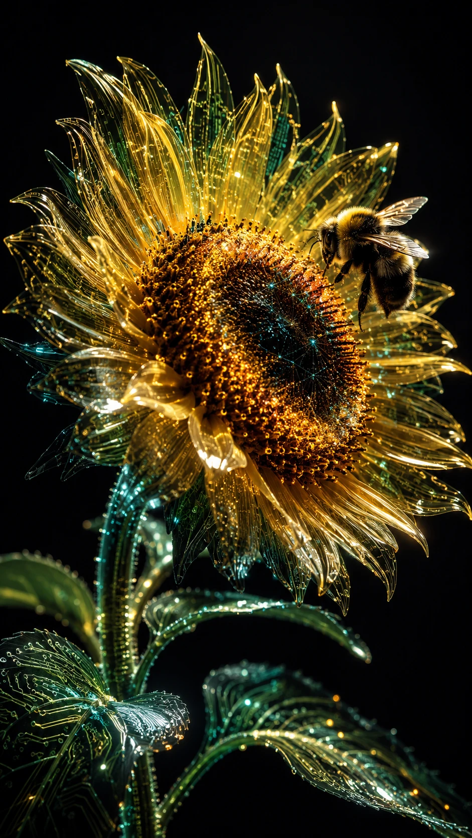Girasole digitale fatto di codice con bombo su sfondo nero