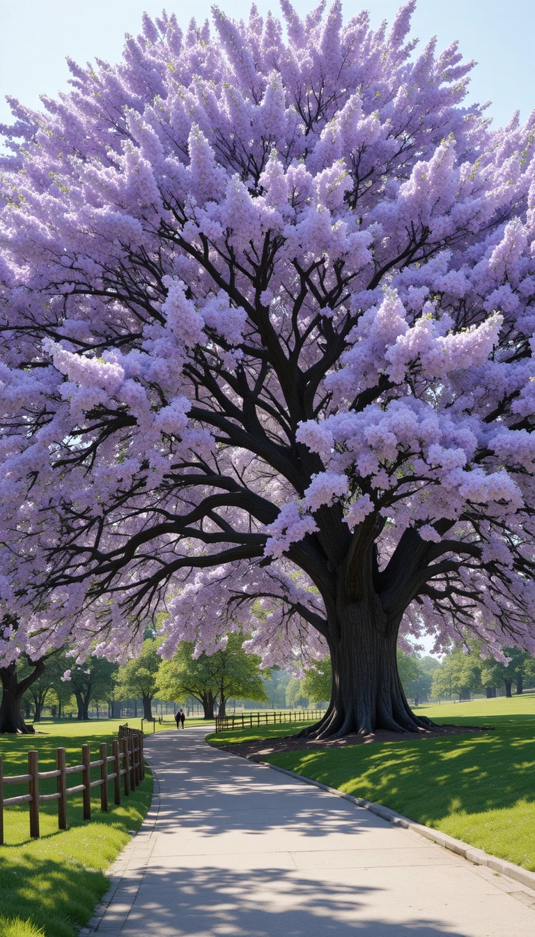 Árbol de flores color lavanda arqueándose sobre un tranquilo sendero del parque