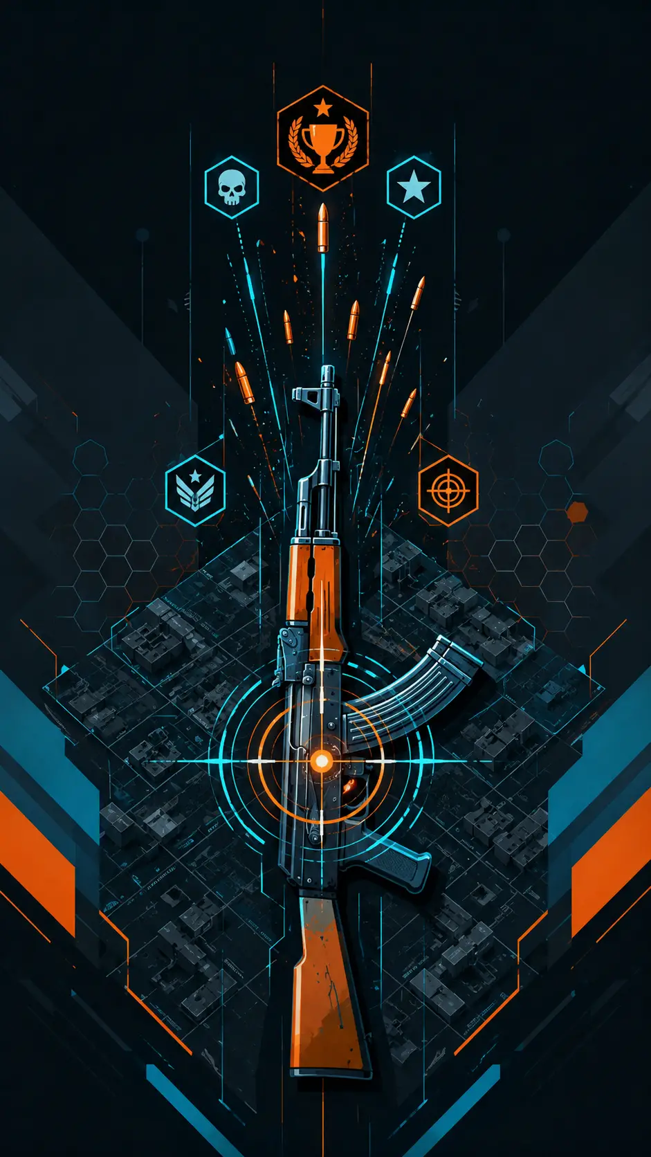 Geometric rifle silhouette on isometric tactical map grid