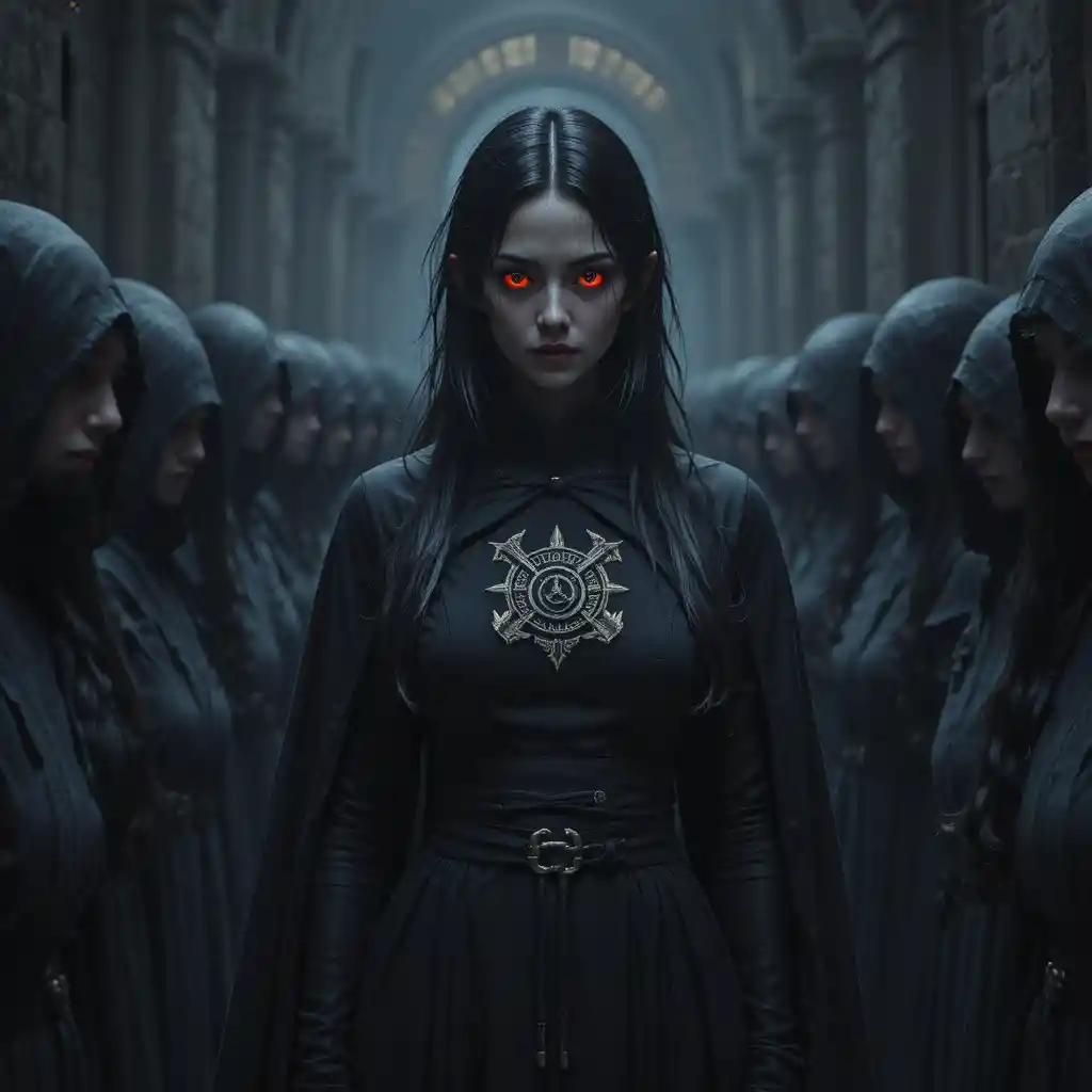 Tall dark haired woman in black death school robe
