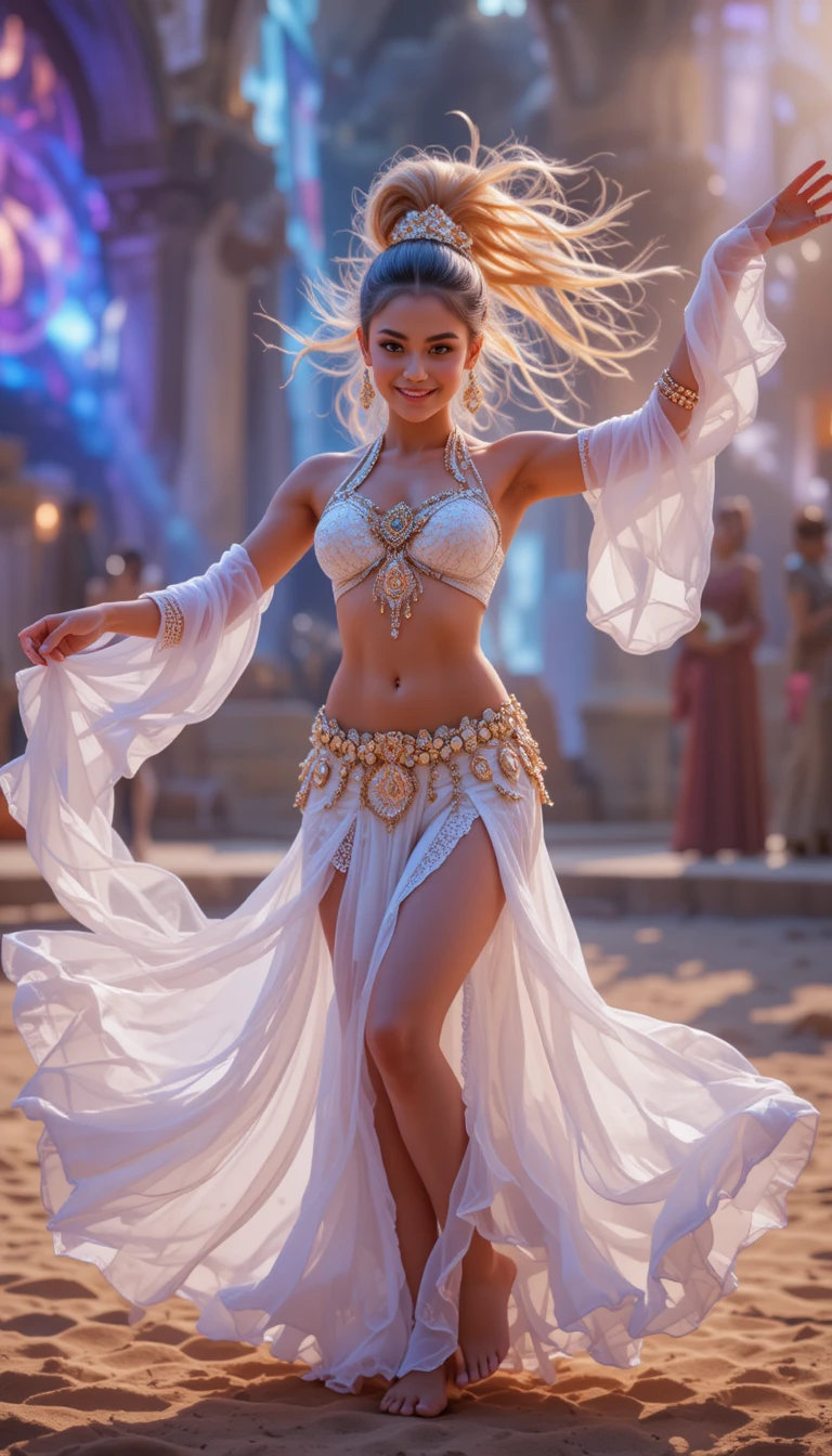Alegre bailarina rubia de danza del vientre en un escenario desértico con traje blanco