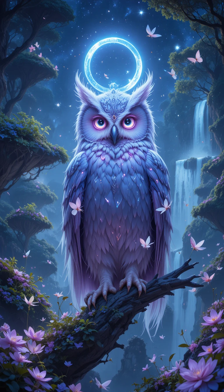 Búho guardián celestial posado en un bosque encantado