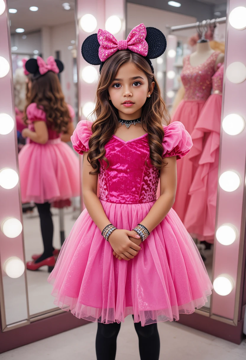 Adolescente nerviosa con vestido de princesa rosa posando en tienda de vestidos