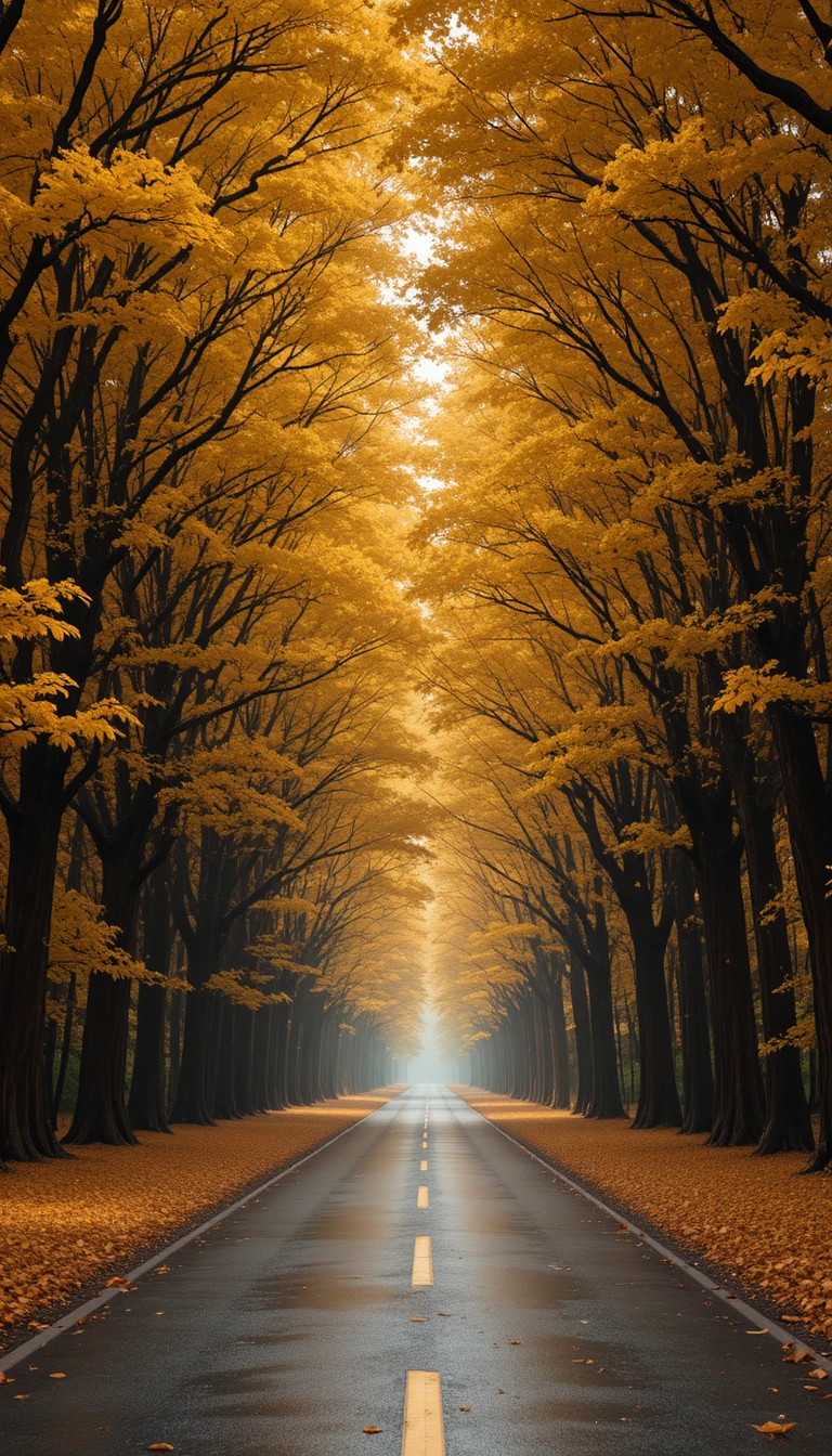 Nasse Waldstraße bildet einen goldenen herbstlichen Baumtunnel