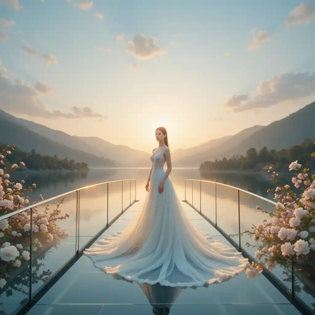 Mujer en un puente de vidrio al amanecer sobre lago de montaña