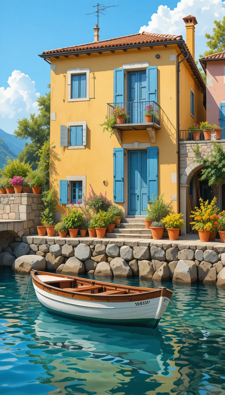 Sunny mediterranean house by the sea with fishing boat
