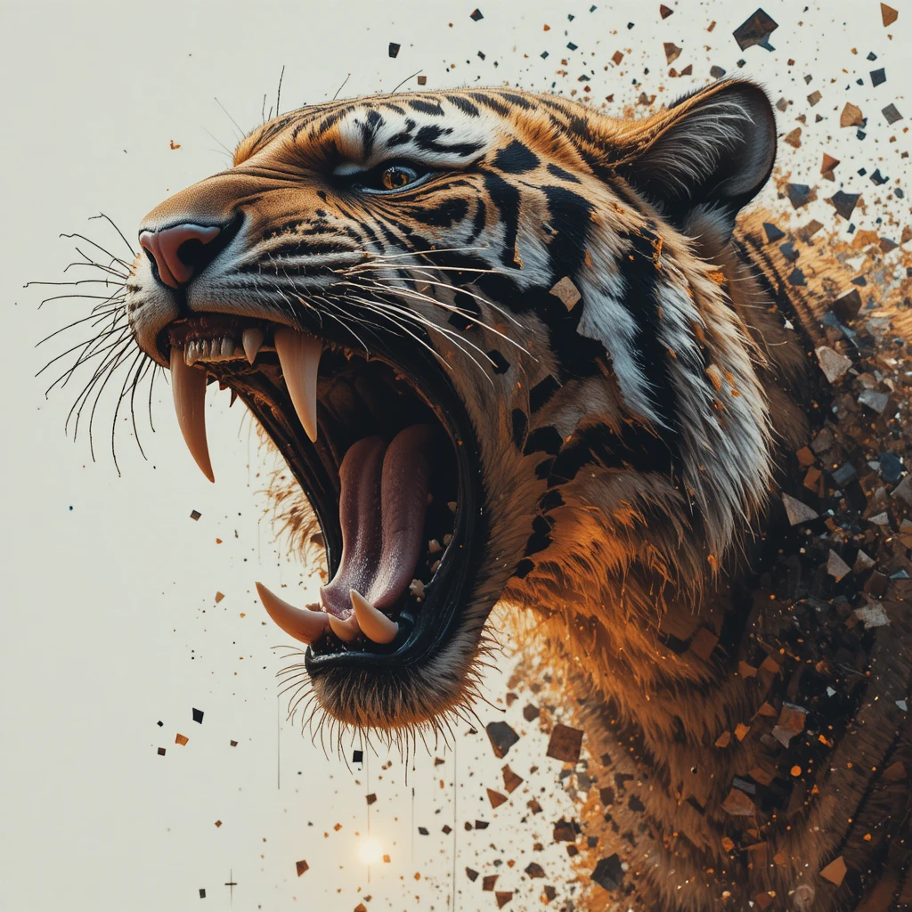 Tigre glitch che esplode e ringhia su uno sfondo bianco brillante
